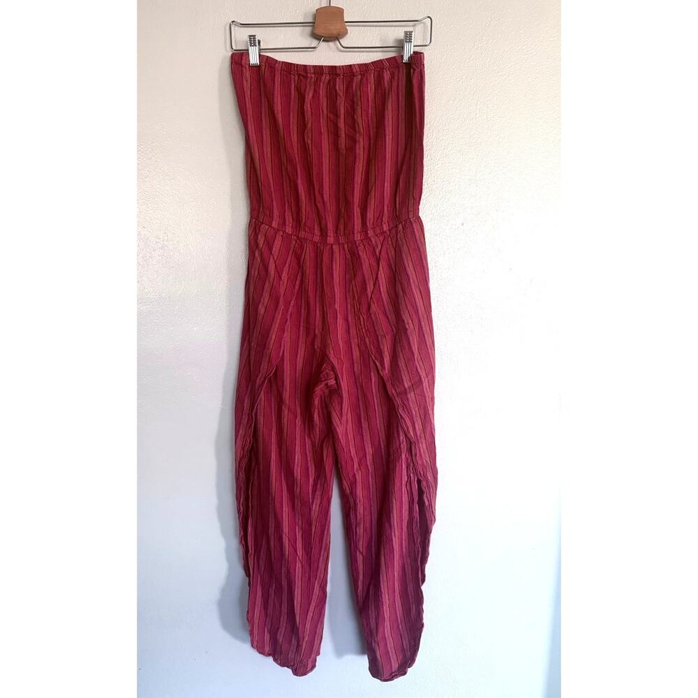 DREW Anthro red magenta split leg striped linen Emerson strapless jumpsuit - Picture 2 of 9